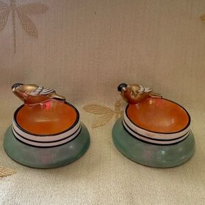 Pair of 2 Vintage Noritake Porcelain Lusterware Golden Finch / Bird Salt Cellars